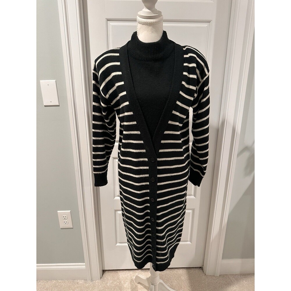 Vintage 90’s Amilano Black White Striped Button Long Sweater Dress Size Small